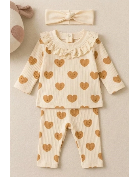 Kalp Baskılı Fisto Yaka 3 Parça Kız Bebek Takımı - %100 Pamuk