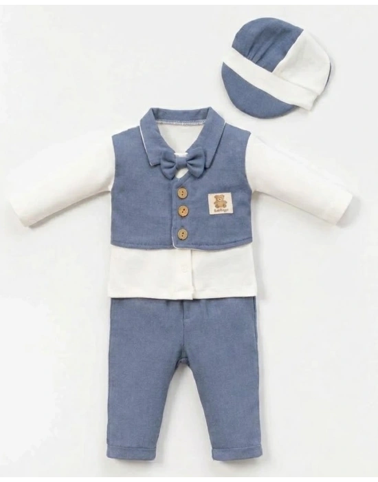 Kasketli ve Yelekli 3’lü Erkek Bebek Takımı (6-18 Ay) - Bicomi