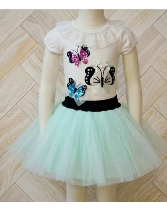 Tahriş Etmeyen Özel Dikişli 3lü Kız Bebek Takımı - Payetli Kelebek Serisi Su Yeşili