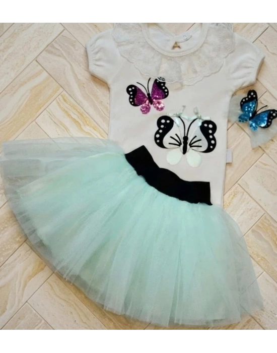 Tahriş Etmeyen Özel Dikişli 3lü Kız Bebek Takımı - Payetli Kelebek Serisi Su Yeşili