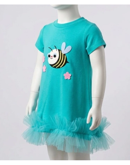 Bicomi Antialerjik Pamuklu Arıcık Nakışlı Fırfırlı Kız Çocuk Jile Elbise – Turkuaz