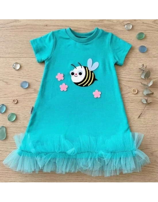 Bicomi Antialerjik Pamuklu Arıcık Nakışlı Fırfırlı Kız Çocuk Jile Elbise – Turkuaz