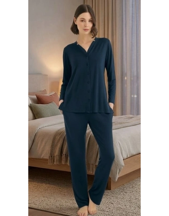 Bicomi Önden Düğmeli, Kolay Kullanım Gece Mavisi Şık Pijama Seti
