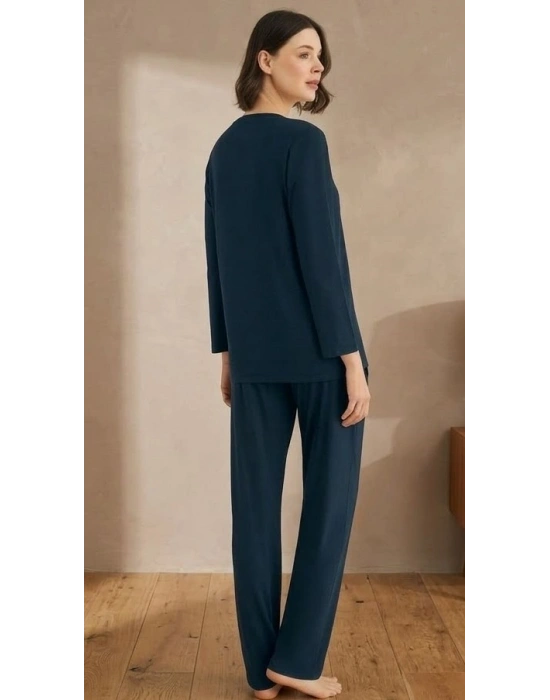 Bicomi Önden Düğmeli, Kolay Kullanım Gece Mavisi Şık Pijama Seti