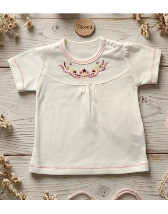 Bicomi Kaşındırmayan Etiketsiz Tasarım Nakışlı Kısa Kollu Bebek Seti