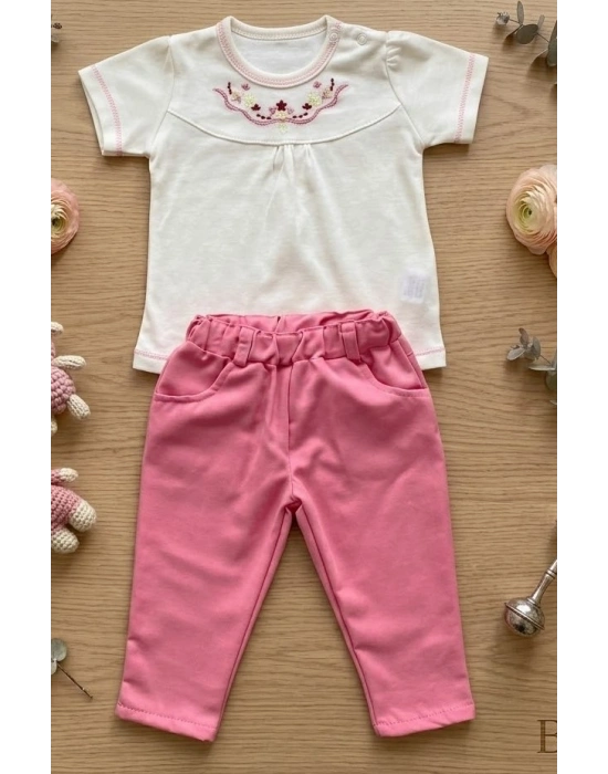 Bicomi Kaşındırmayan Etiketsiz Tasarım Nakışlı Kısa Kollu Bebek Seti