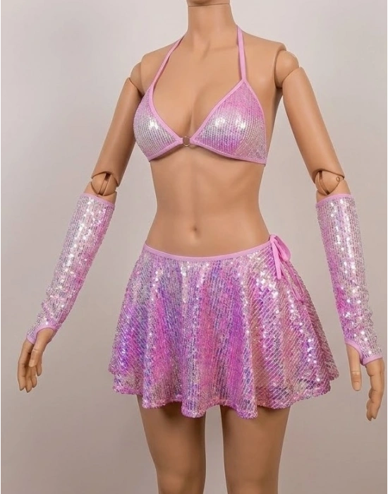 Işıltılı Silüet: Pembe Parlak Etekli Fantezi Takım
