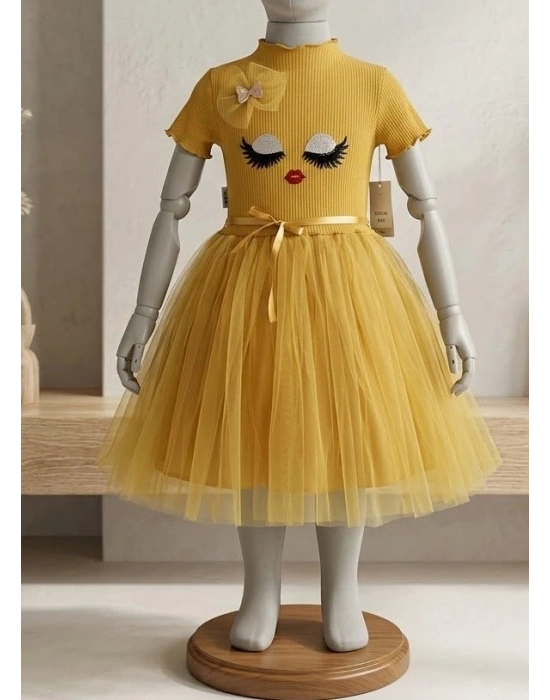 Bicomi Antialerjik Pamuklu – Payetli ve Şık Tasarım Kız Çocuk Elbisesi (Hardal)