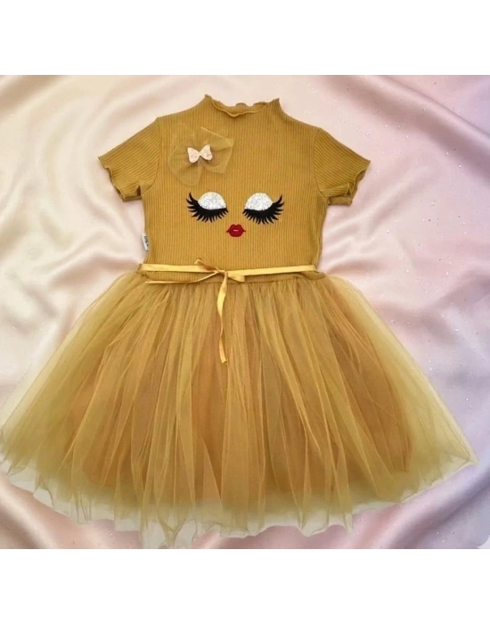 Bicomi Antialerjik Pamuklu – Payetli ve Şık Tasarım Kız Çocuk Elbisesi (Hardal)