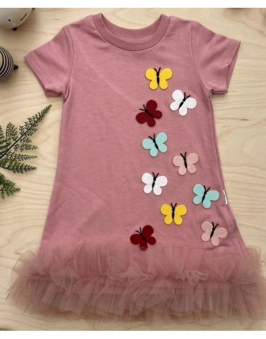 Antialerjik Pamuklu Kelebek Nakışlı Gül Kurusu Jile Elbise (Tahriş Etmeyen Özel Dikişli)