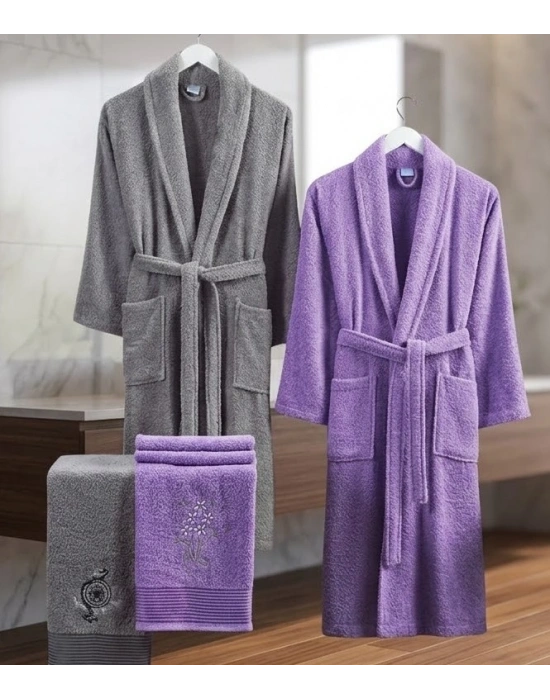 Bicomi Premium %100 Pamuklu 4 Parça Aile Bornoz Seti – Gri & Lavanta Banyo Keyfi Takımı