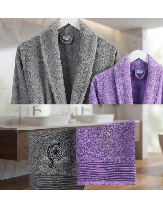 Bicomi Premium %100 Pamuklu 4 Parça Aile Bornoz Seti – Gri & Lavanta Banyo Keyfi Takımı