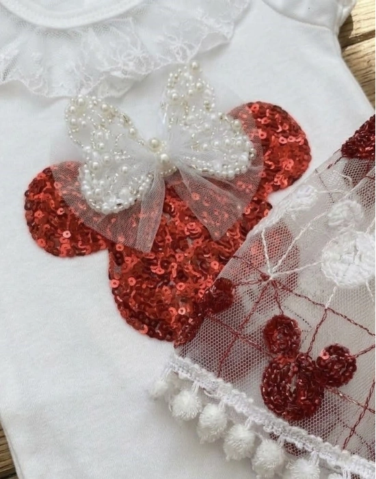 Mickey Payet Nakışlı Brode Etekli Kız Bebek Özel Gün Takımı - Kırmızı