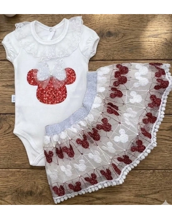 Mickey Payet Nakışlı Brode Etekli Kız Bebek Özel Gün Takımı - Kırmızı