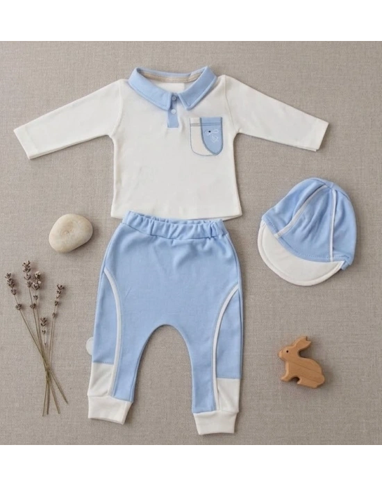 Cilt Dostu Antialerjik Pamuklu – 3’lü ‘Küçük Efendi’ Sweat Takım (Mavi)