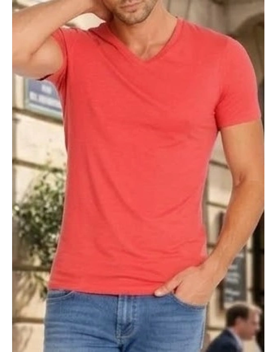 Vücudu Saran Esnek Yapılı V Yaka Slim Fit Likralı Erkek Basic Tişört – Nar Çiçeği