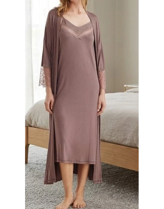 Bicomi Premium Dantel Detaylı Viskon Sabahlık & Gecelik Takımı – Nefes Alan Şıklık ve Gece Boyu Konfor