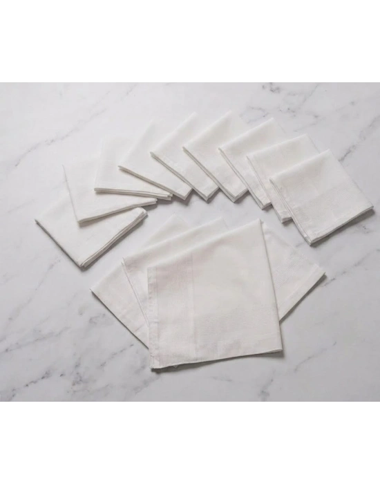Premium Denizli Dokuması 12li Beyaz Kumaş Mendil Seti - Saf Pamuk Konforu