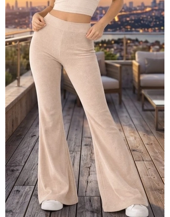 Vücut Şekillendirici Yüksek Bel İspanyol Paça Bej Kaşkorse Pantolon-Tayt