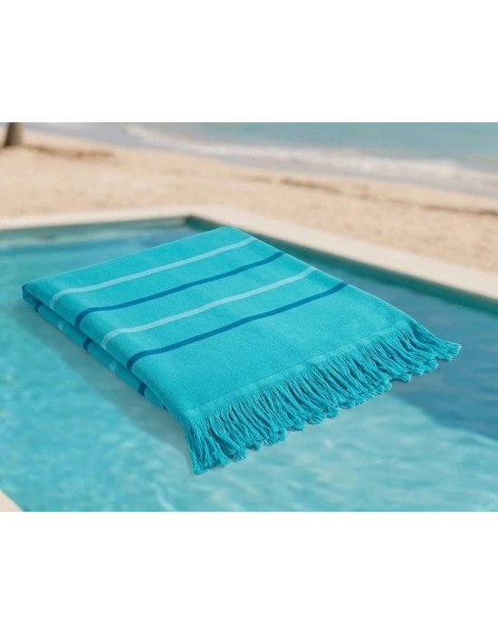 Hızlı Kuruyan, Yer Kaplamayan %100 Pamuklu Turkuaz Waves Plaj Peştemali