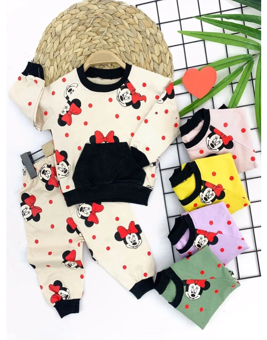 9-12-18-24 Ay Bayan Mickey Baskılı Cepli 2li Kız Bebek Takımı Lila