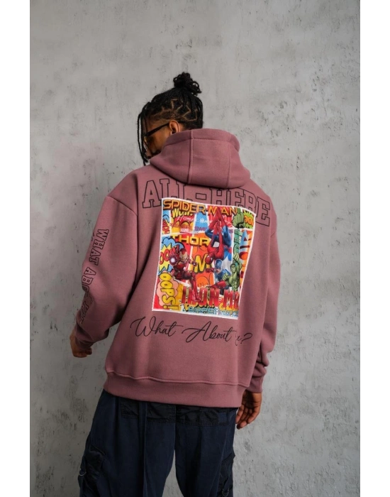 93 Dijital Parça Baskılı Kapşonlu Sweat - Gül Kurusu