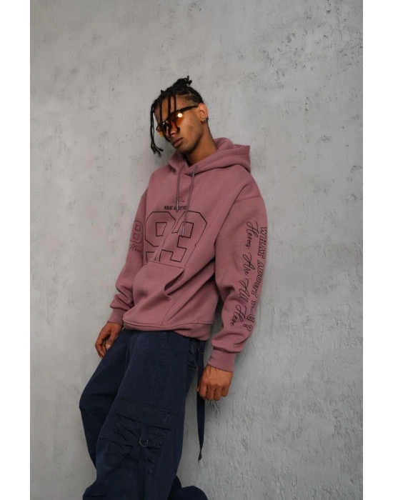 93 Dijital Parça Baskılı Kapşonlu Sweat - Gül Kurusu