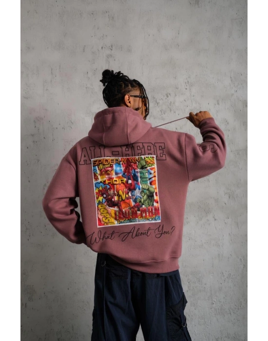 93 Dijital Parça Baskılı Kapşonlu Sweat - Gül Kurusu