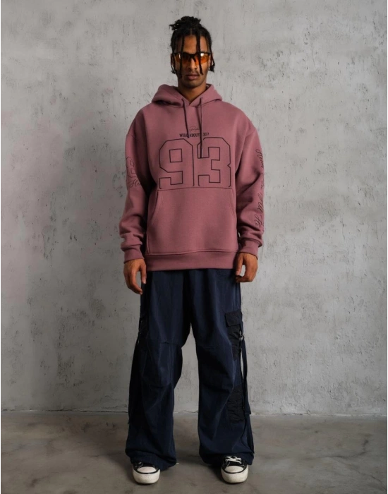 93 Dijital Parça Baskılı Kapşonlu Sweat - Gül Kurusu