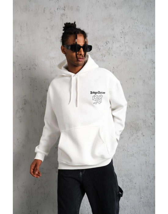 98 Baskılı Kapşonlu Sweat - Beyaz -