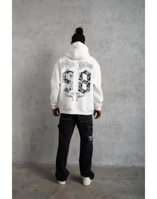 98 Baskılı Kapşonlu Sweat - Beyaz -