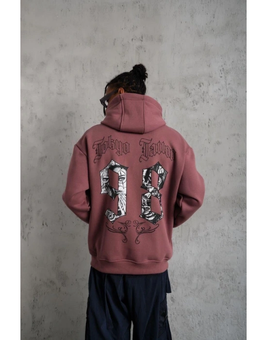 98 Baskılı Kapşonlu Sweat - Gül Kurusu