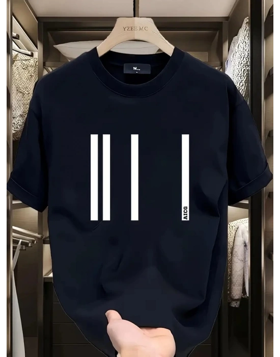 AICG Ön Arka Baskılı Bisiklet Yaka   Oversize Bisiklet Yaka T-shirt - Siyah -