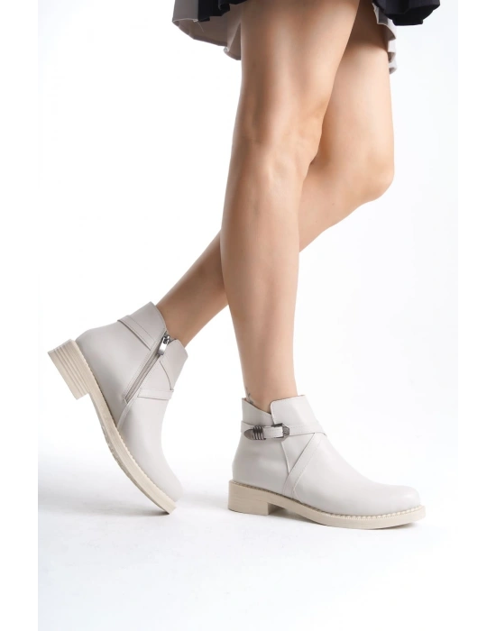 ALMILA Fermuarlı Lastikli Ortopedik Taban Topuklu Kadın Bot  CKT - Krem