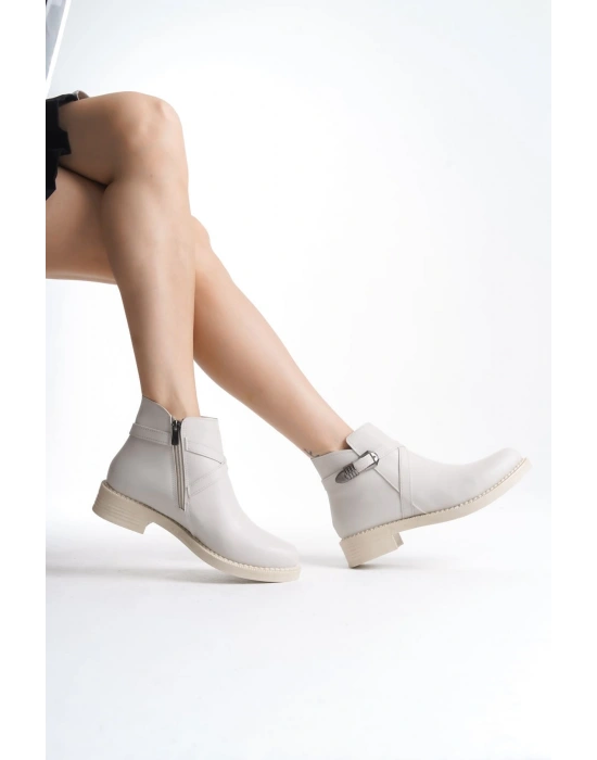 ALMILA Fermuarlı Lastikli Ortopedik Taban Topuklu Kadın Bot  CKT - Krem