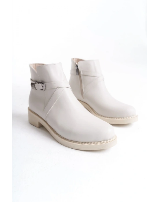 ALMILA Fermuarlı Lastikli Ortopedik Taban Topuklu Kadın Bot  CKT - Krem