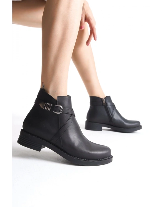 ALMILA Fermuarlı Lastikli Ortopedik Taban Topuklu Kadın Bot CST - Siyah