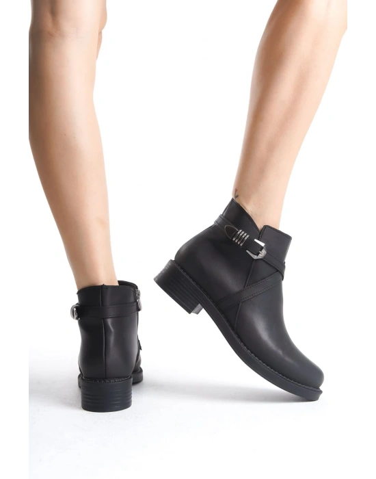 ALMILA Fermuarlı Lastikli Ortopedik Taban Topuklu Kadın Bot CST - Siyah