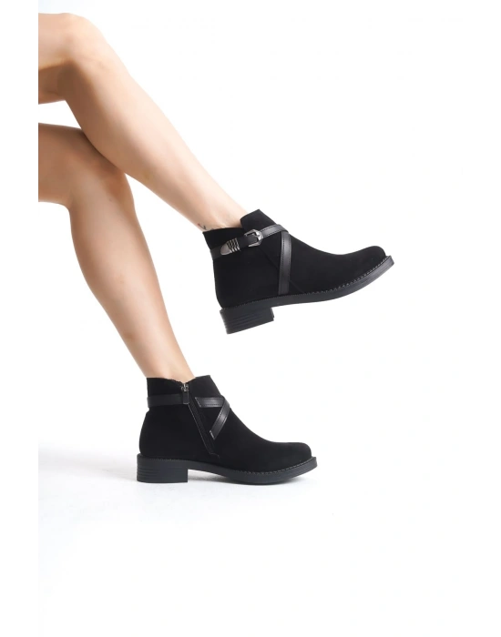 ALMILA Fermuarlı Lastikli Ortopedik Taban Topuklu Süet Kadın Bot SST - Siyah