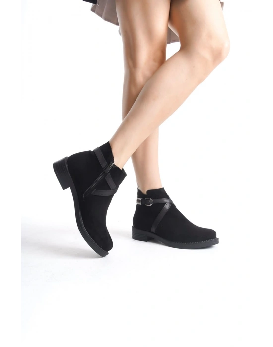 ALMILA Fermuarlı Lastikli Ortopedik Taban Topuklu Süet Kadın Bot SST - Siyah