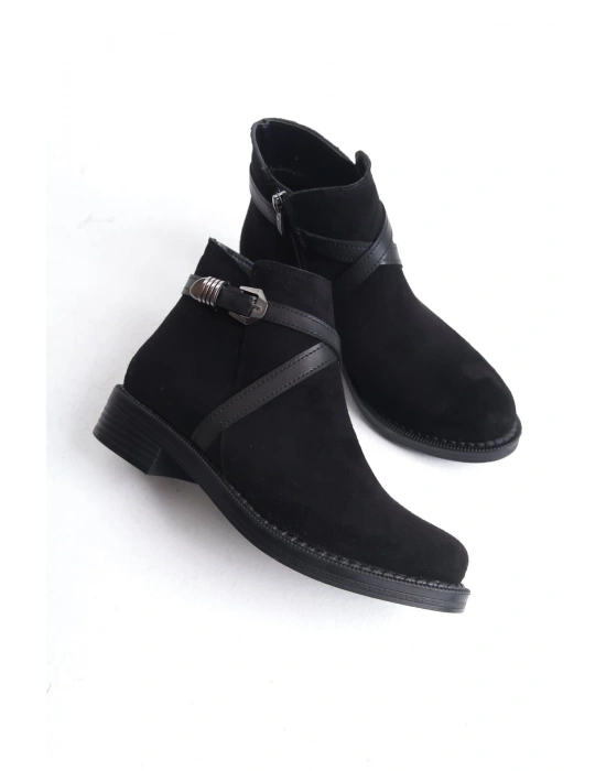 ALMILA Fermuarlı Lastikli Ortopedik Taban Topuklu Süet Kadın Bot SST - Siyah