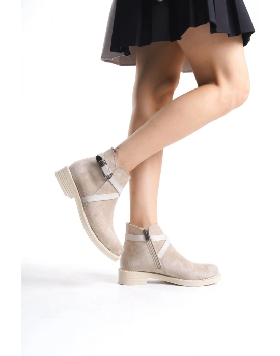 ALMILA Fermuarlı Lastikli Ortopedik Taban Topuklu Süet Kadın Bot  STT - Ten