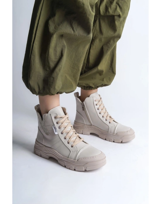 AMBER Bağcıklı Fermuarlı Ortopedik Taban Kadın Bot  CKT - Krem