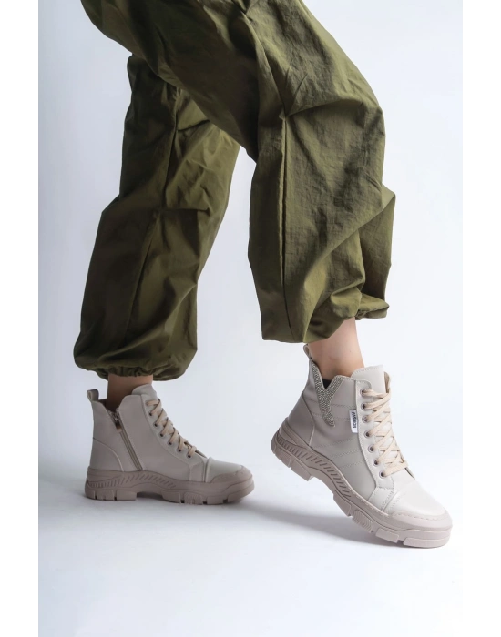 AMBER Bağcıklı Fermuarlı Ortopedik Taban Kadın Bot  CKT - Krem