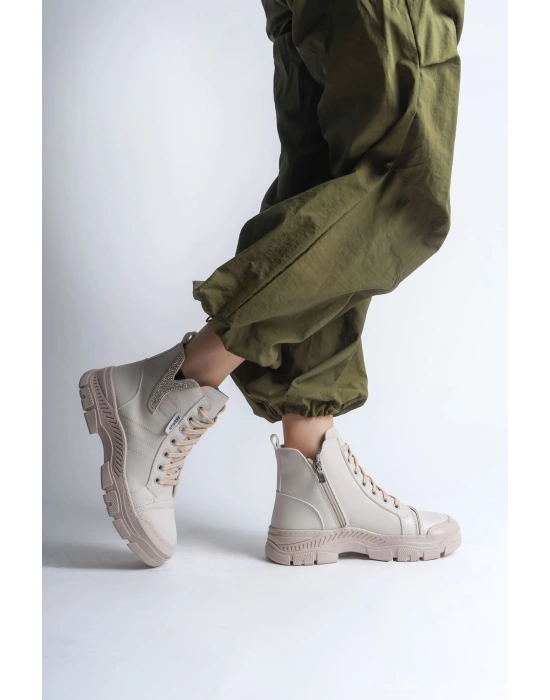 AMBER Bağcıklı Fermuarlı Ortopedik Taban Kadın Bot  CKT - Krem