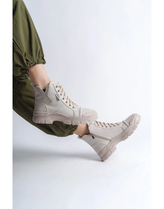 AMBER Bağcıklı Fermuarlı Ortopedik Taban Kadın Bot  CKT - Krem