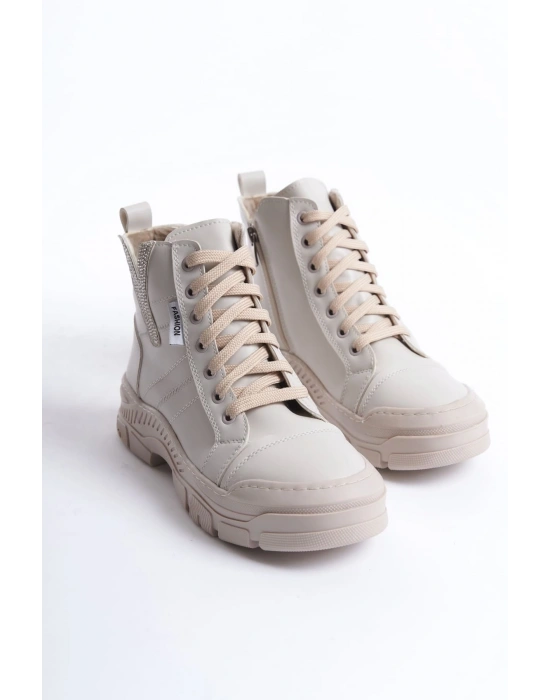 AMBER Bağcıklı Fermuarlı Ortopedik Taban Kadın Bot  CKT - Krem