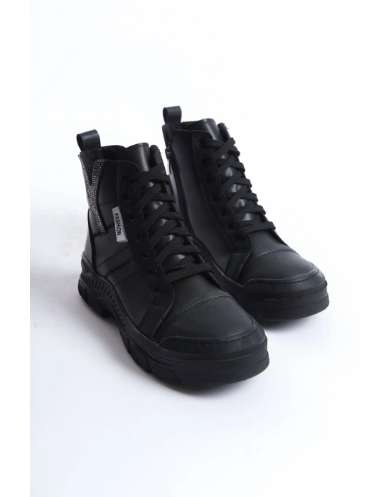 AMBER Bağcıklı Fermuarlı Ortopedik Taban Kadın Bot  CST - Siyah