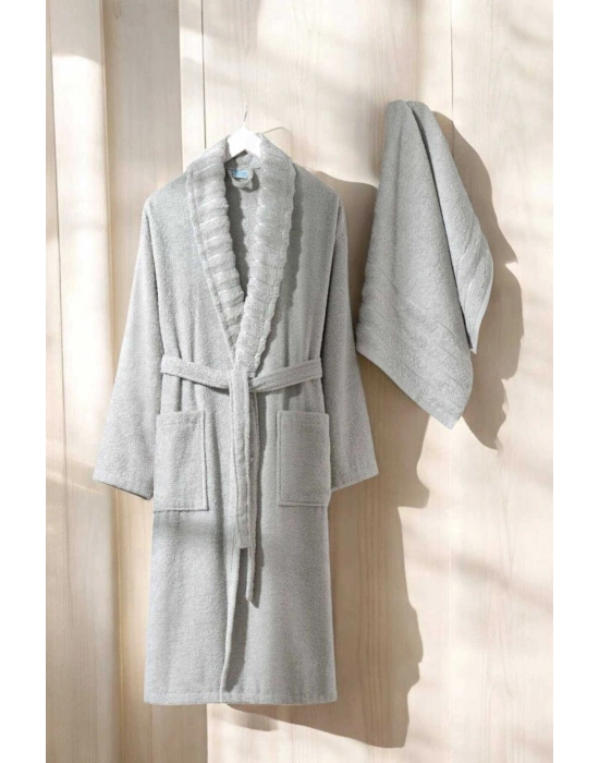 AquaLoom Lüx Bornoz ve Havlu Seti %100 Pamuklu Açık Gri