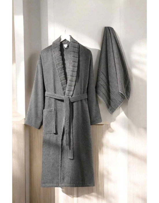 AquaLoom Lüx Erkek Bornoz ve Havlu Seti %100 Pamuklu Antrasit